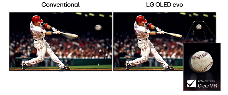 Side-by-side comparison of a baseball game frame. On one side labeled conventional, there's a lot of motion blur around the baseball bat of the player and the baseball. On the other side labeled LG OLED evo, the action is captured perfectly without motion blur. 