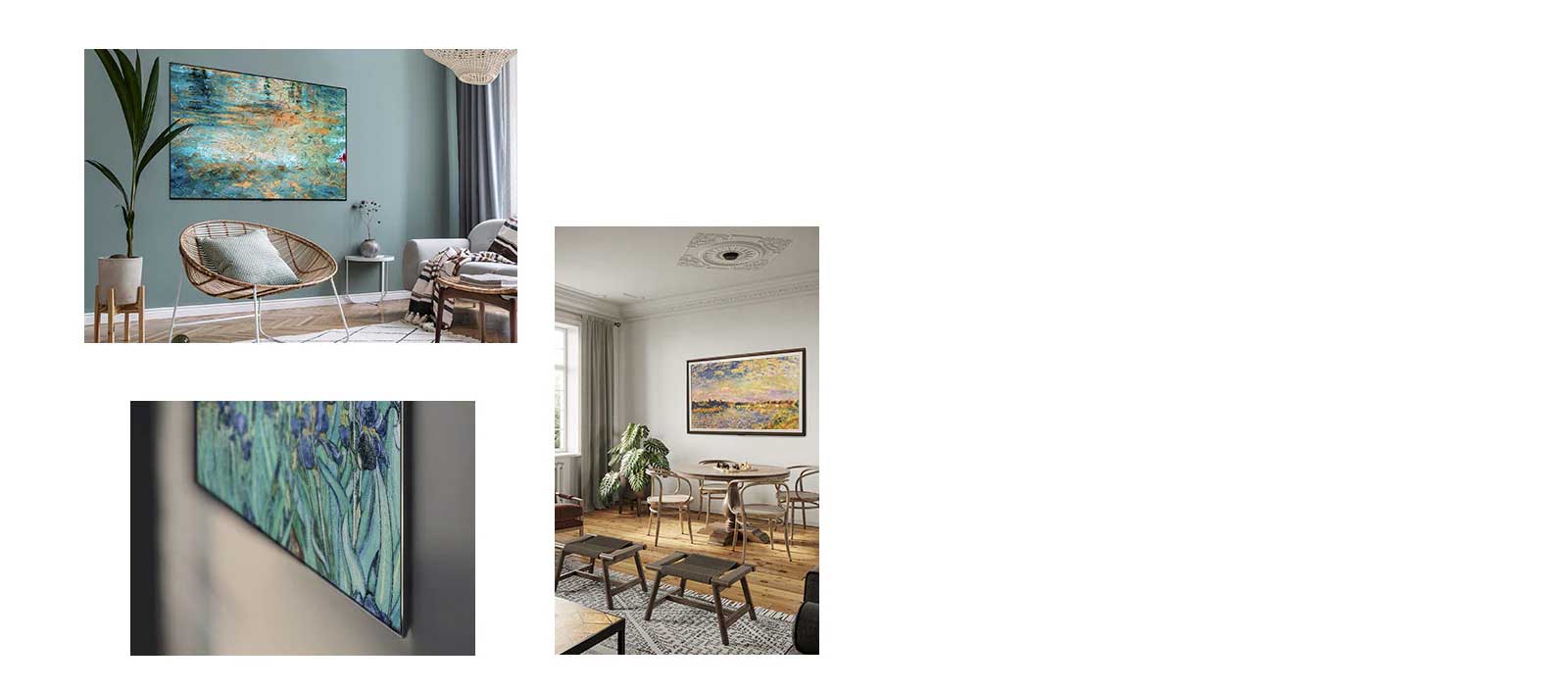 A TV displaying a painting is hung on the wall in a living room with a chair, a sofa, and a flowerpot. A close up of the edge of a slim design TV displaying a painting. A TV displaying a painting is hung on the wall in a living room with a table, chairs, and a flowerpot. A TV displaying a painting is hung on the wall in a living room with flowerpots and a ladder.