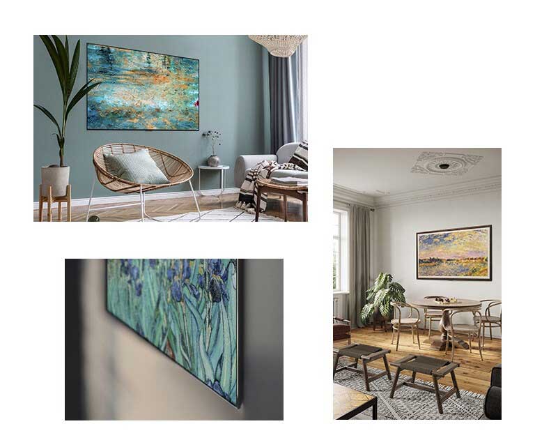 A TV displaying a painting is hung on the wall in a living room with a chair, a sofa, and a flowerpot. A close up of the edge of a slim design TV displaying a painting. A TV displaying a painting is hung on the wall in a living room with a table, chairs, and a flowerpot. A TV displaying a painting is hung on the wall in a living room with flowerpots and a ladder.