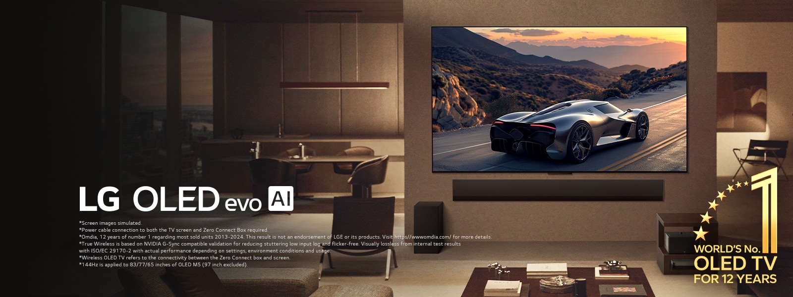 Classy living room with the LG OLED evo M5 TV mounted on the wall. LG Soundbar beneath it. Zero Connect Box tucked away under a side table. No wires are visible at all showcasing the True Wireless technology of the TV. World's number one OLED TV for 12 years emblem and LG OLED evo AI logo are visible. 