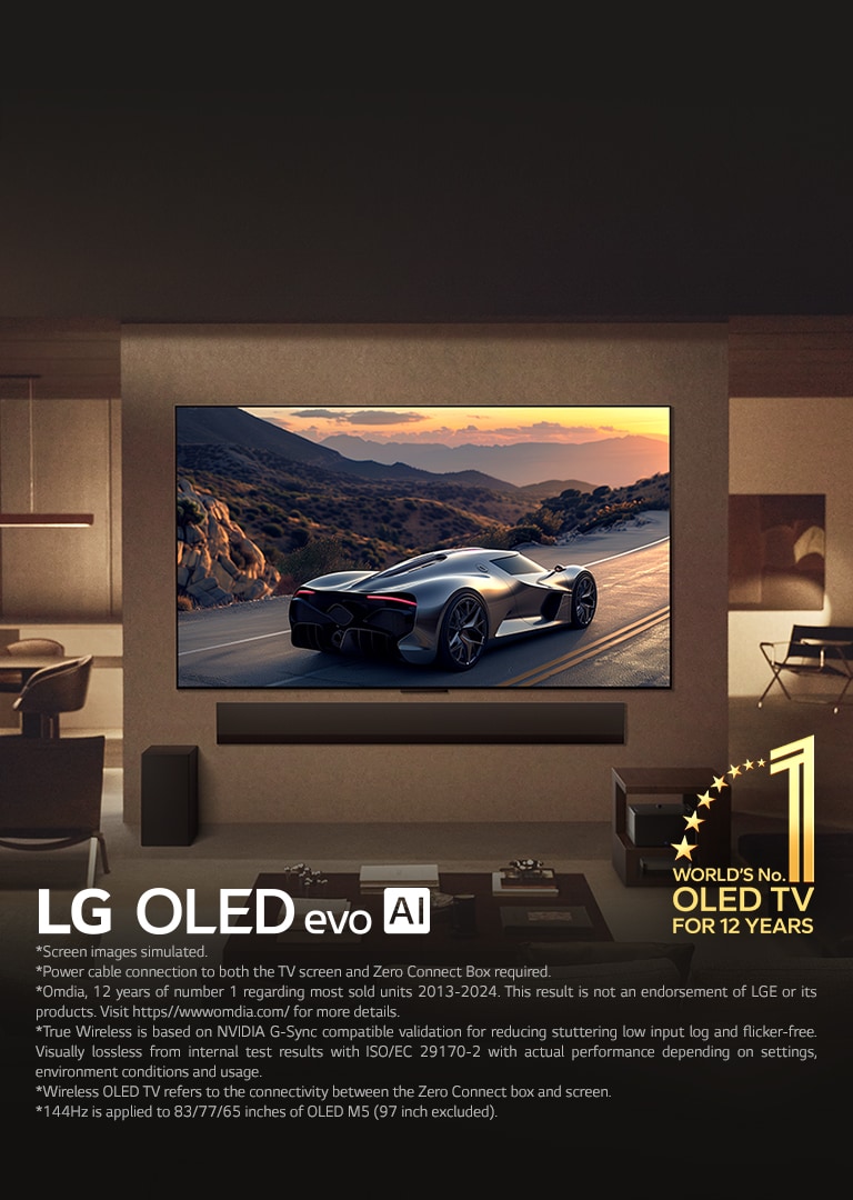 Classy living room with the LG OLED evo M5 TV mounted on the wall. LG Soundbar beneath it. Zero Connect Box tucked away under a side table. No wires are visible at all showcasing the True Wireless technology of the TV. World's number one OLED TV for 12 years emblem and LG OLED evo AI logo are visible. 