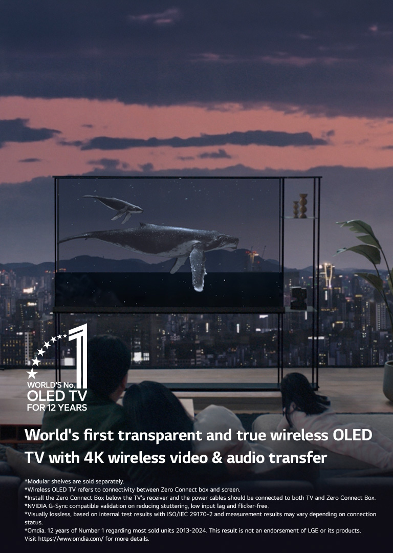 Whale swims across LG SIGNATURE OLED T as the shade is drawn down to show the evening city skyline. People are sitting on the couch in the foreground facing the TV and window. Zero Connect Box is located on an small table to the left of the TV. 