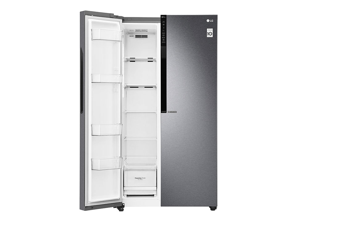 LG 613L Side-by-Side Refrigerator in Dark Grapite, front right door open view, GS-B6181DS, thumbnail 3