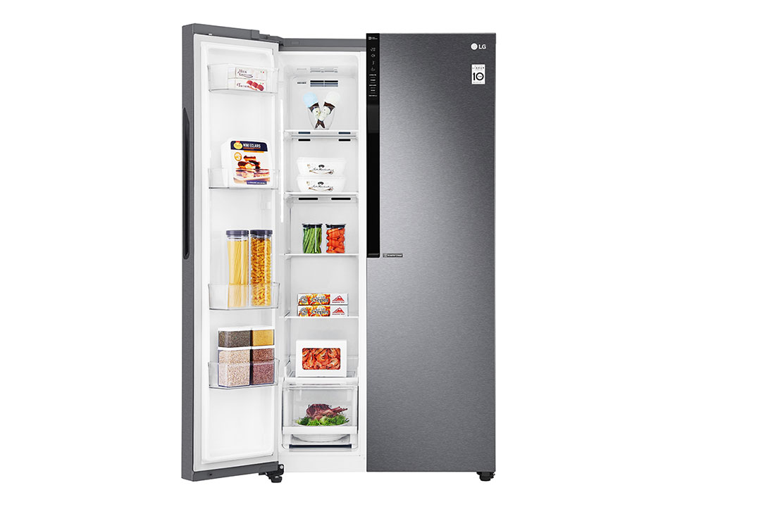 LG 613L Side-by-Side Refrigerator in Dark Grapite, front right door open view, GS-B6181DS, thumbnail 4