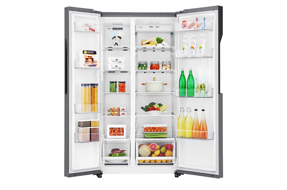 LG 613L Side-by-Side Refrigerator in Dark Grapite, front door open view with food, GS-B6181DS, thumbnail 6
