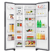LG 613L Side-by-Side Refrigerator in Dark Grapite, front door open view with food, GS-B6181DS, thumbnail 6