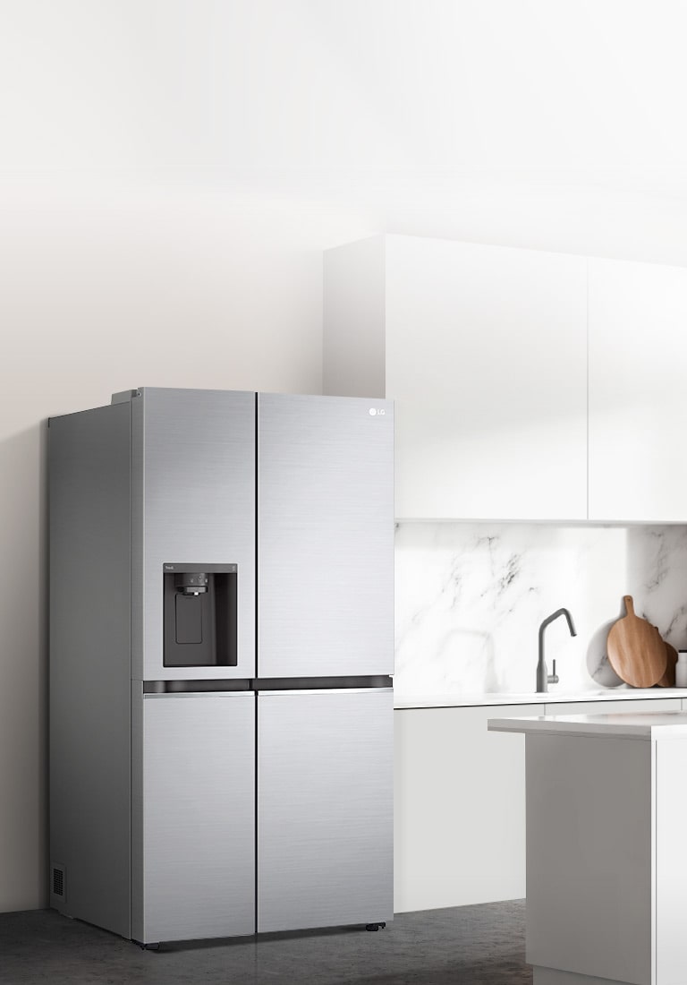 A side view of a kitchen with a black InstaView refrigerator installed.