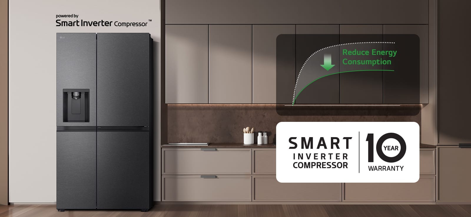 The refrigerator is installed in the kitchen wall and there is a graph showing the reduction of energy consumption using the smart inverter compressor.