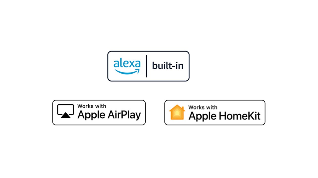 Details showing logos of Hey Google, alexa, Apple Airplay, and Apple HomeKit in which ThinQ AI is compatible with.
