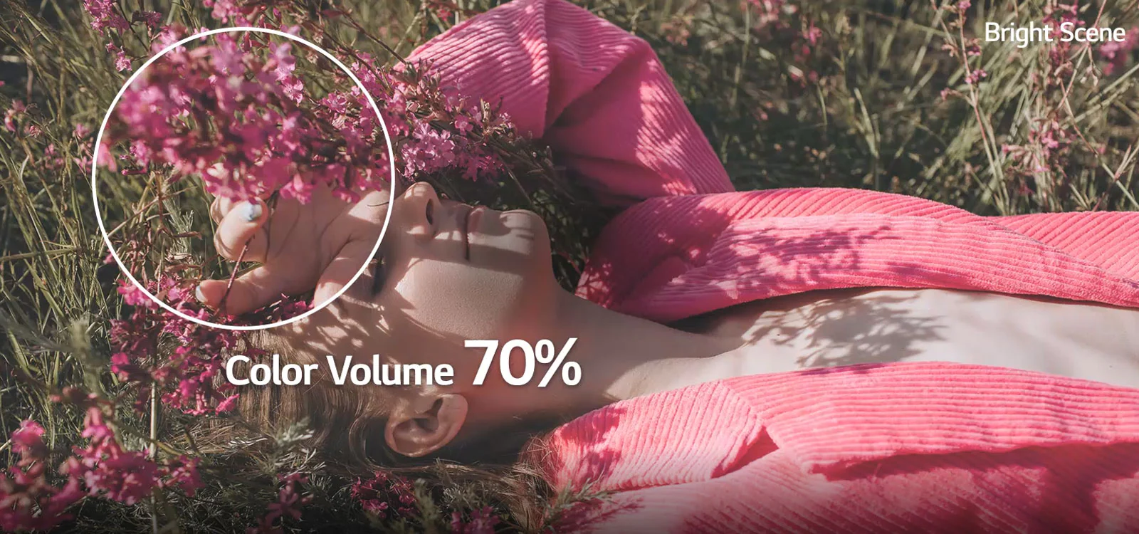 In bright scene, A girl is lying on the grass and the entire color gets clearer and more vivid as color volume rises from 70% to 100%. In dark scene, a girl is holding a colorful umbrella and the entire color gets clearer and more vivid as color volume rises from 70% to 100%.