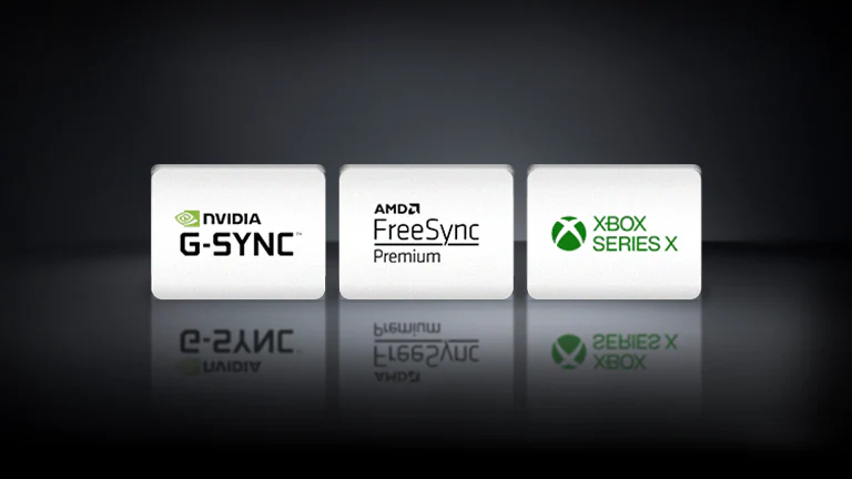 The NVIDIA G-SYNC logo, the AMD FreeSync logo, and the XBOX SEREIS X logo are arranged horizontally in the black background.