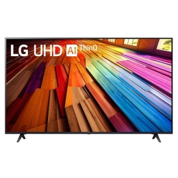 Front view of LG UHD TV, UT80 with text of LG UHD AI ThinQ, 2024, and webOS Re:New Program logo on screen2