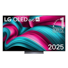 Front view of LG OLED evo AI C5 4K Smart TV. 12 Years of world number 1 OLED emblem and LG OLED evo AI 2025 logo are on the screen.2