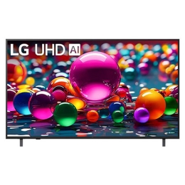 Front view of UHD UA84 TV, LG UHD Al Logo on the top corner. LG UHD TV depicts colorful paintike textures coming together.