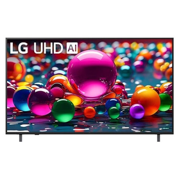 Front view of UHD UA84 TV, LG UHD Al Logo on the top corner. LG UHD TV depicts colorful paintike textures coming together.