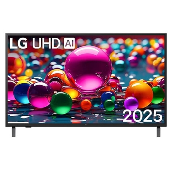 Front view of UHD UA84 TV, LG UHD Al Logo on the top corner. LG UHD TV depicts colorful paintike textures coming together.1