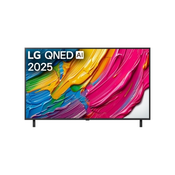 Front view of LG QNED80 TV, LG QNED Al Logo on the top corner. LG QNED TV depicts colorful paintike textures coming together.1