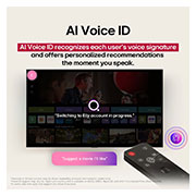LG 86 Inch LG UHD AI UA84 4k Smart TV, LG TV screen with an AI Magic Remote on the foreground. The AI button is highlighted and a speech bubble shows text, suggest a movie I like. On the screen we see the user icon E, indicating how AI Voi, 86UA8450PSA, thumbnail 9