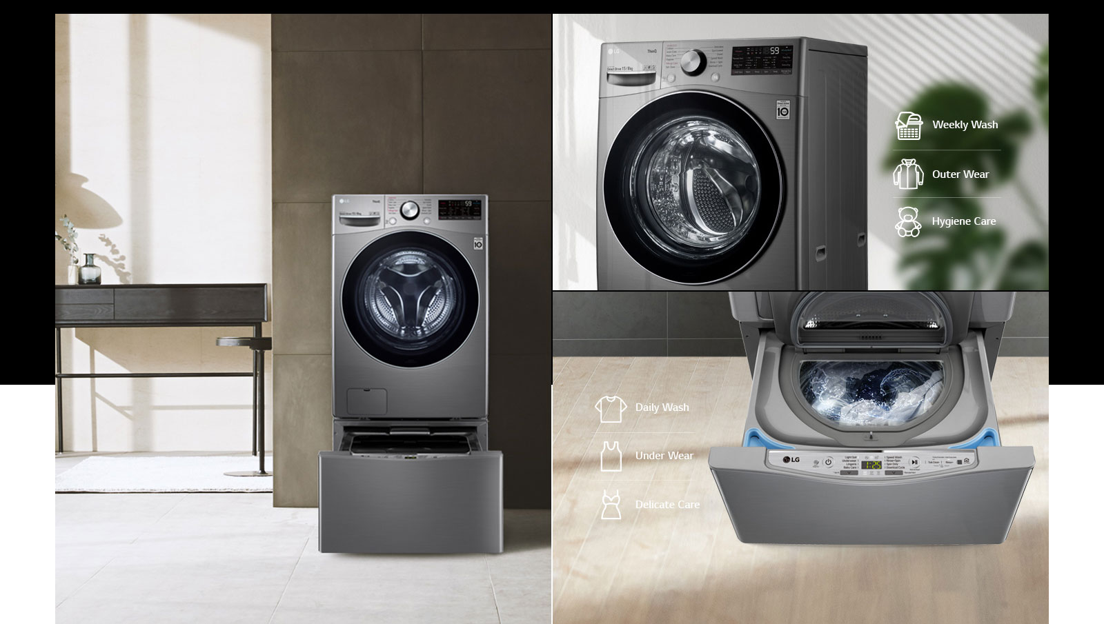 A collage of images showcasing the TWINWash Mini Compatible washer in a modern style home. Images show the front of the washer with door closed and two images show the bottom drawer open.