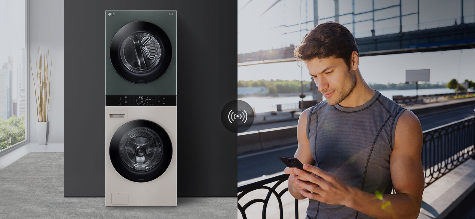 A man outdoors is checking the condition of the WashTower at home via the LG ThinQ app.