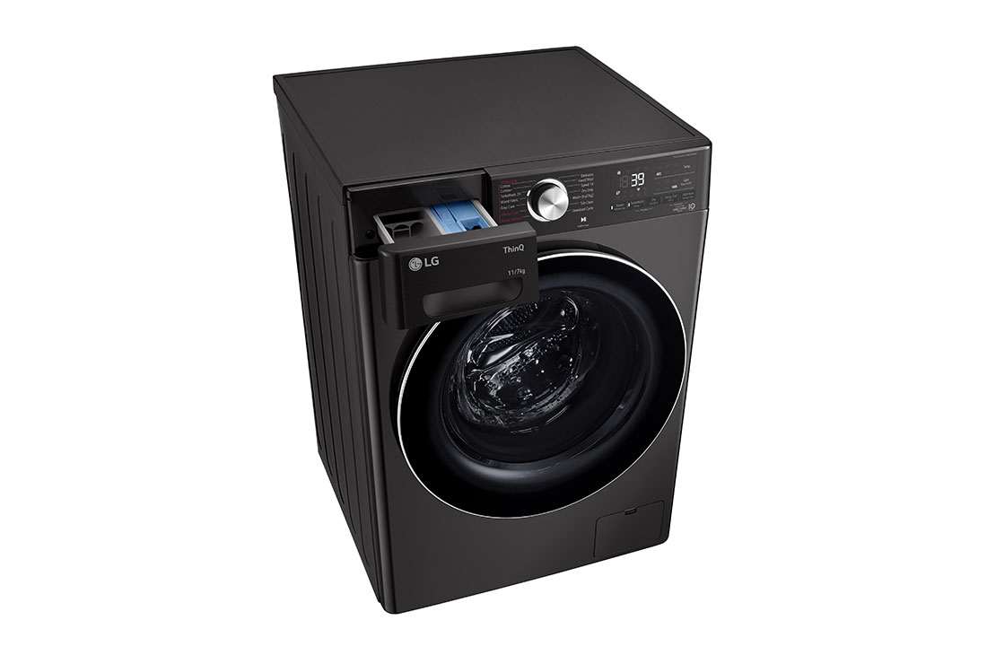 LG 11/7kg, AI Direct Drive Front Load Washer Dryer, Top left perspective with ditergent port, FV1411H2B, thumbnail 9