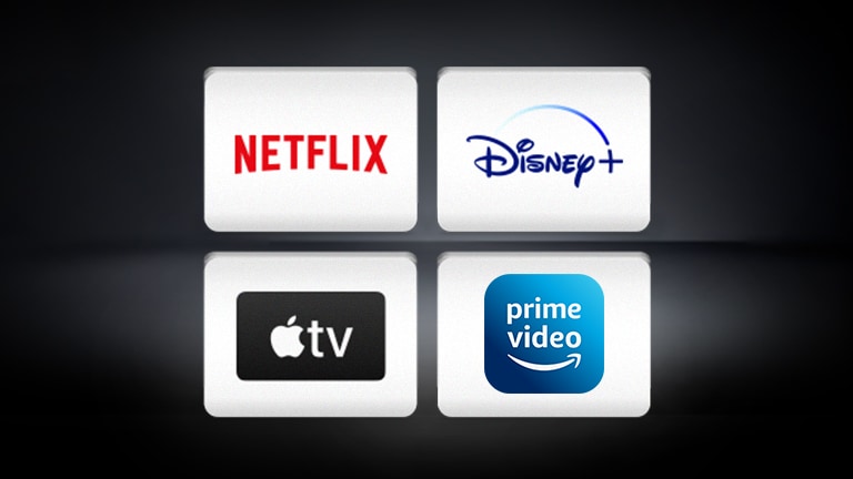 Logo Netflix, logo Disney+, logo Apple TV, video chính của Amazon được sắp xếp theo chiều ngang trên nền đen.