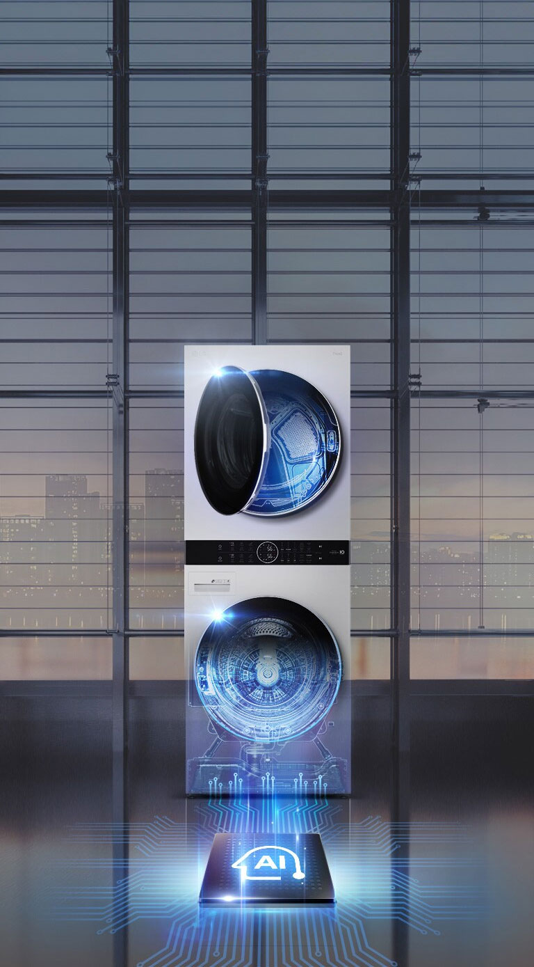 An LG Wash Tower sits facing front with a wall of windows behind it. The top door is slightly ajar showing a blue light shining inside. The bottom door is open completely showing the blue light glowing out and lines connecting to the AI icon indicating technology and connection.