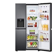 LG 635L Side by Side Fridge in Matte Black Finish, front right open food view, GS-L635MBL, thumbnail 2