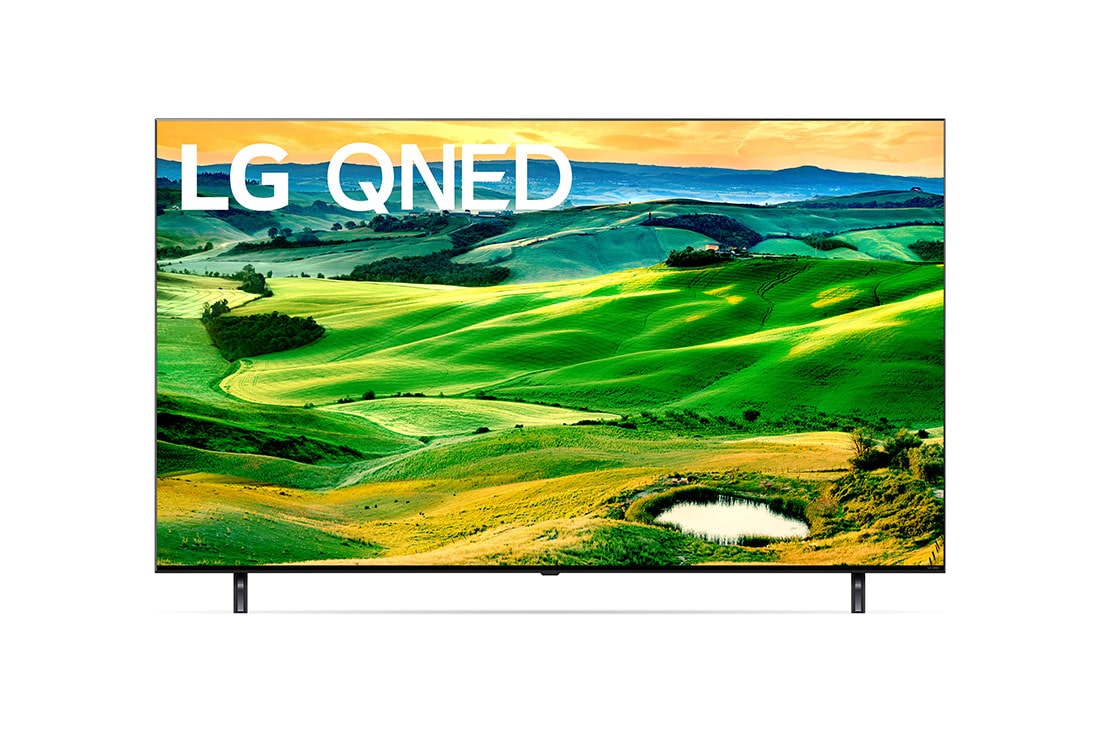 LG QNED80 65 inch 4K Smart QNED TV, A front view of the LG QNED TV with infill image and product logo on, 65QNED806QA