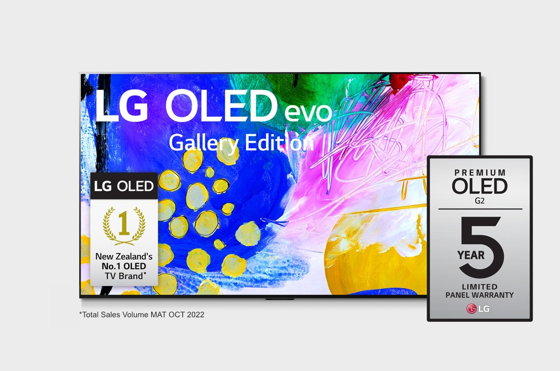 LG G2 77 inch OLED evo Gallery Edition, front view with infill image, OLED77G26LA