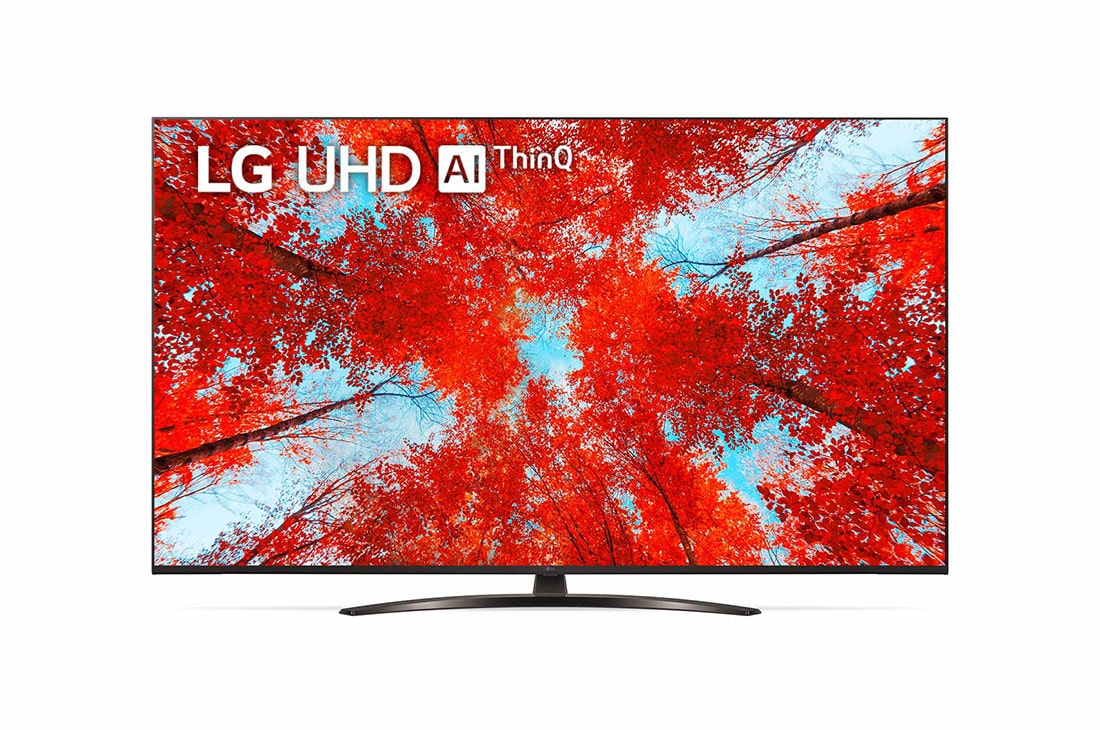LG UQ91 55 inch 4K Smart UHD TV, A front view of the LG UHD TV with infill image and product logo on, 55UQ91006LA
