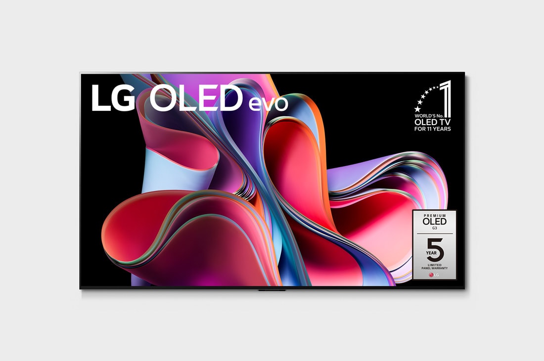 LG G3 77 inch OLED evo TV with Self Lit OLED Pixels, Front view with LG OLED evo, 11 Years World No.1 OLED Emblem, and 5-Year Panel Warranty logo on screen, OLED77G36LA