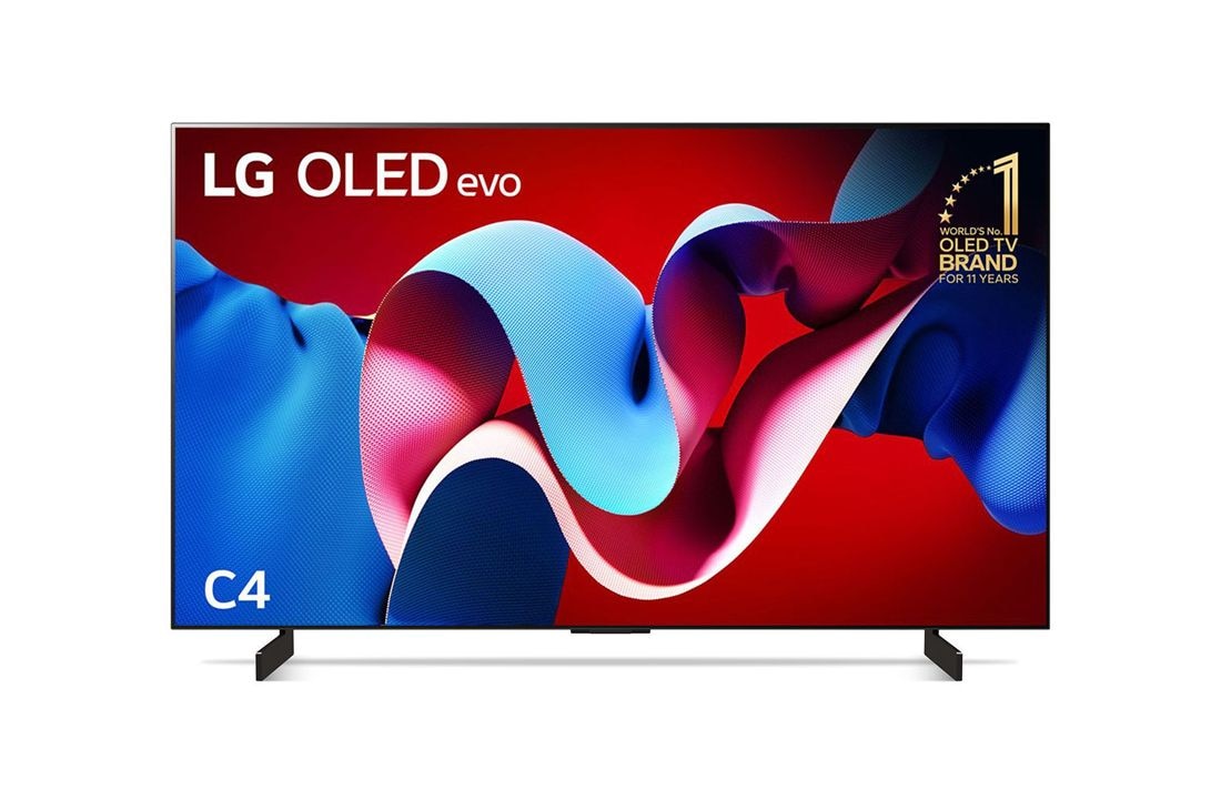 LG 42 inch LG OLED evo C4 4K Smart TV 2024, Front view with LG OLED evo and 11 Years World No.1 OLED Emblem on screen, OLED42C44LA