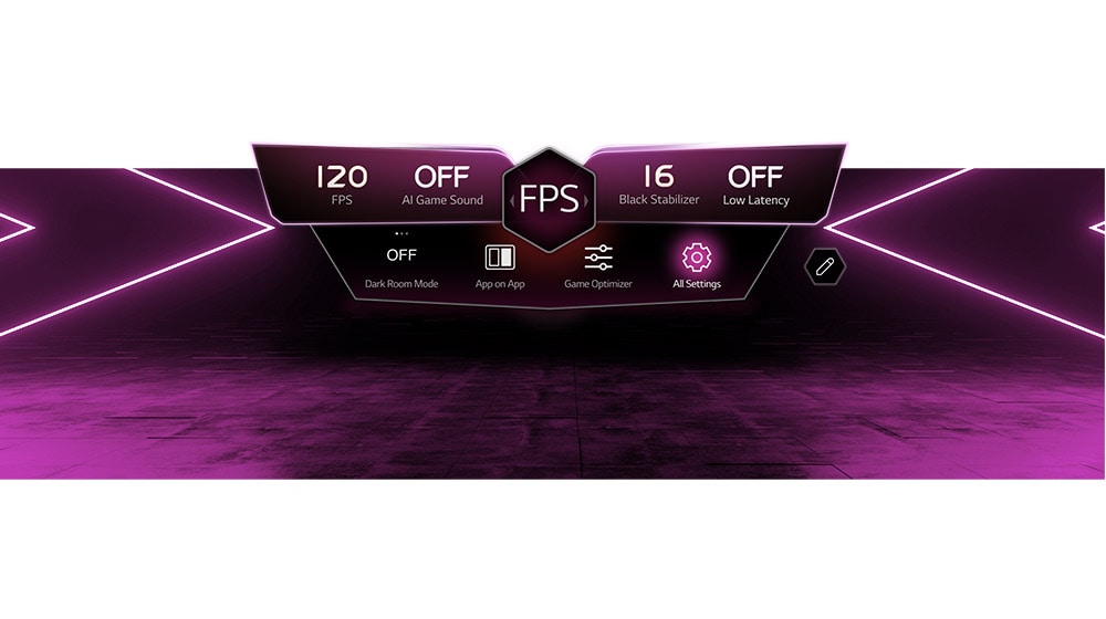A gaming menu with features like Low Latency and FPS and settings like Game Optimizer and Dark Room Mode is shown.