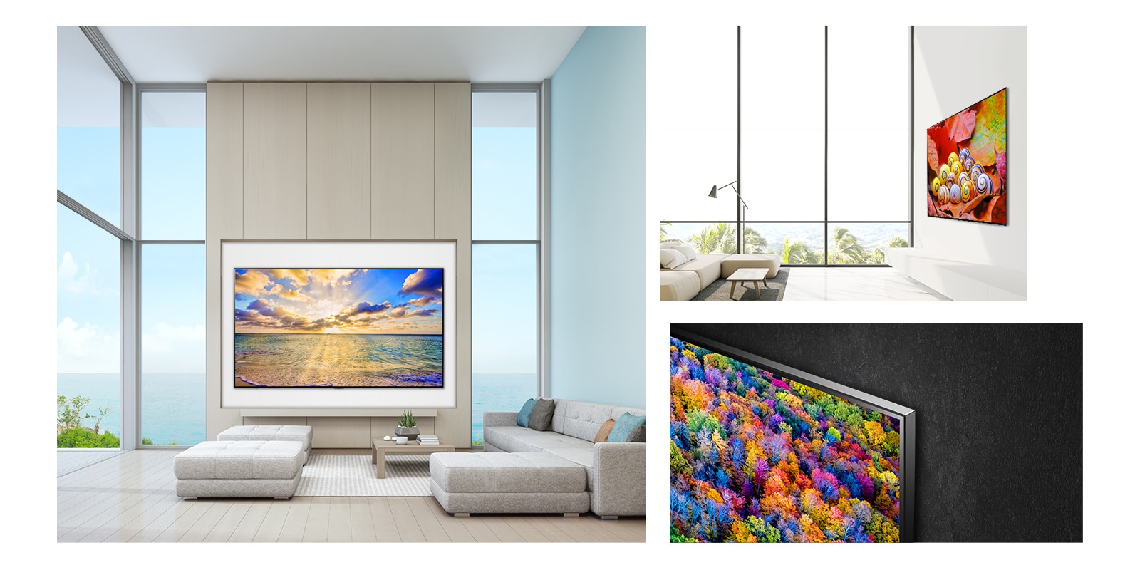 Three scenes of the LG NanoCell TV hung beautifully in a home showing the slim, wall mounted design.