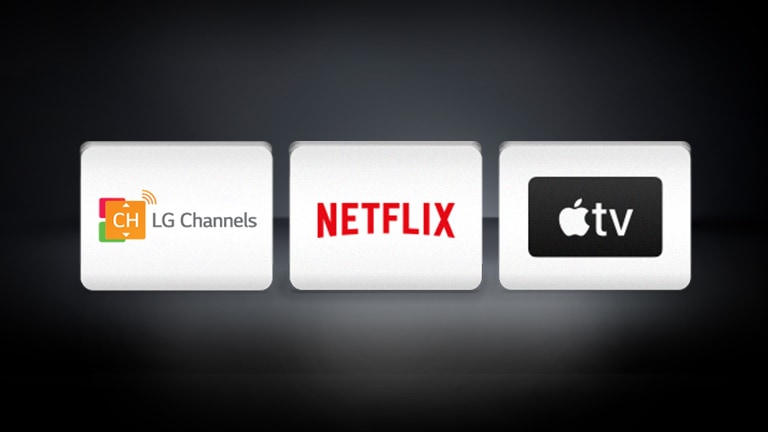 The LG Channels logo, the Apple TV logo and the Netflix logo are arranged in the black background.
