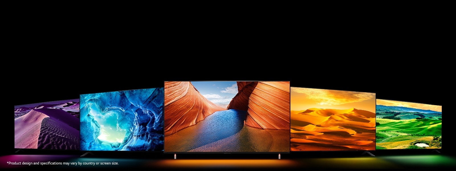 There are five QNED TVs – one in the middle facing forward. Two are placed on the left side and two are placed on the right side. There is purple desert image at night on very left TV, blue icy cave on second left TV, orange-colored cliffs on blowhole facing each other on middle TV, bright yellow desert on right TV, and vast open green field on very right TV. 
