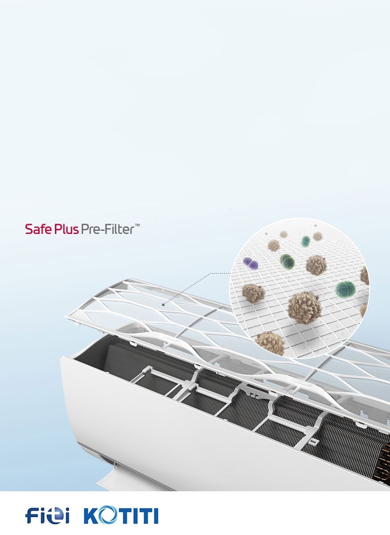 An image shows the air purifier with the top showing the pre-filter. There's a magnified circle showing where the dust particles are caught in the pre-filter. Reads Safe Plus Pre-Filter in the upper left.