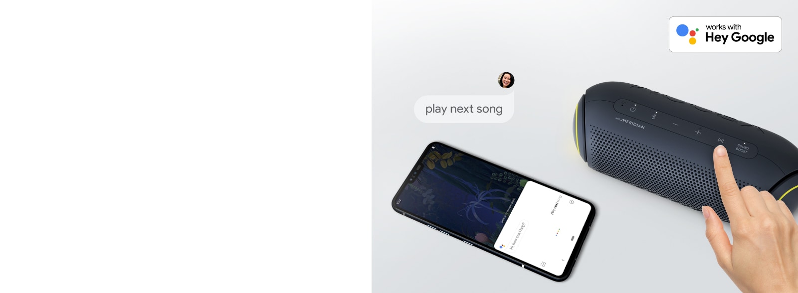 A hand presses a button on LG XBOOM Go. A smartphone is next it. There's a speech bubble. Google's logo is in the top right.