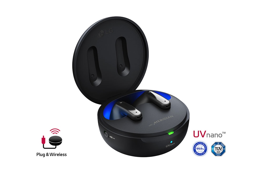 LG TONE Free FP9 - Plug and Wireless True Wireless Bluetooth UVnano Earbuds, A 15 degrees angle of cradle opened up with mood lighting on and UVnano and Plug&wireless logos, TONE-FP9