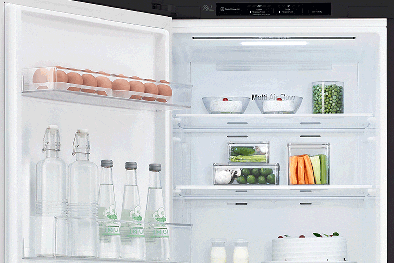 The refrigerator is shown with the door opening to the left instead of the more common right to show it is customizable.