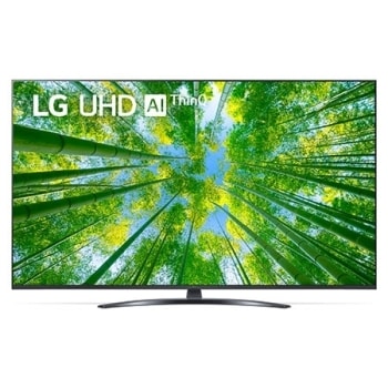 A front view of the LG UHD TV with infill image and product logo on1