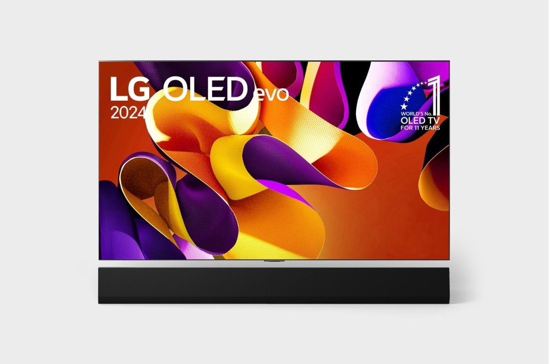 LG 65 Inch LG OLED evo G4 4K Smart TV 2024, Front view with LG OLED evo TV, OLED G4, 11 Years of world number 1 OLED Emblem, webOS Re:New Program logo, and 5-Year Panel Warranty logo on screen, as well as the Soundbar below, OLED65G4PSA