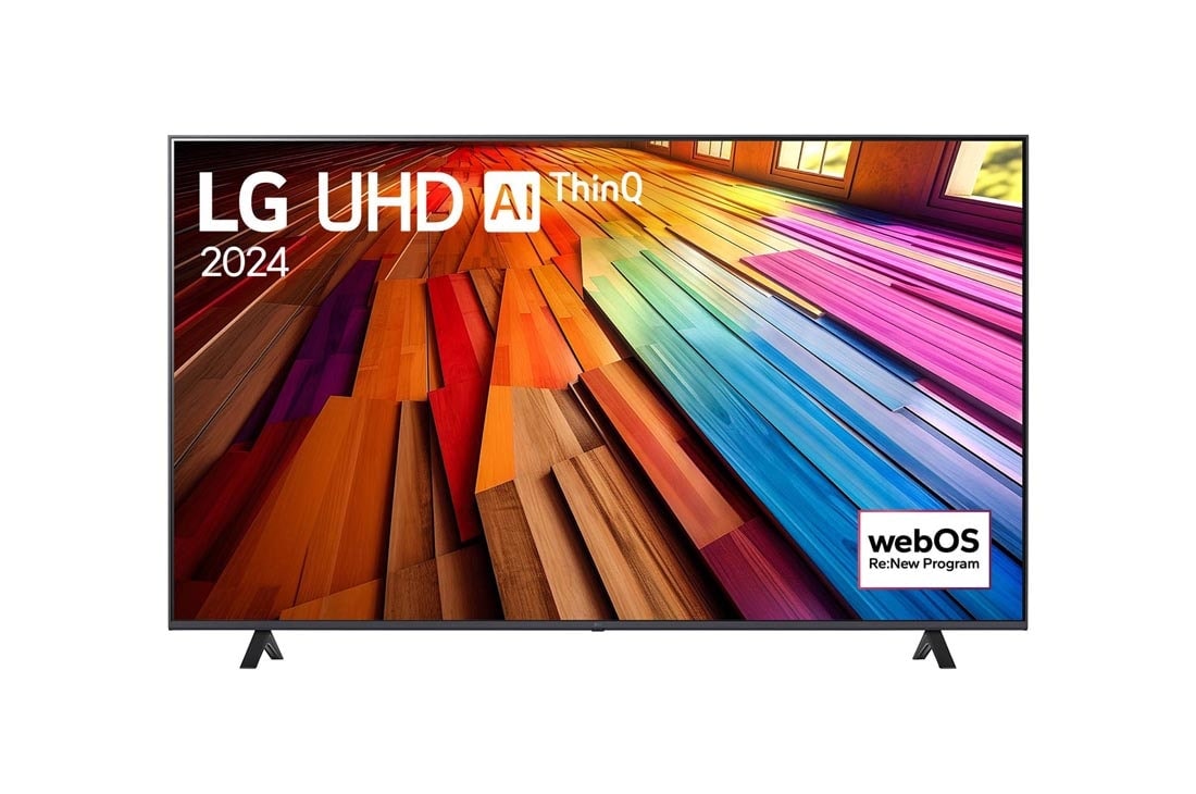 LG 75 Inch LG UHD UT80 4K Smart TV 2024, Front view of LG UHD TV, UT80 with text of LG UHD AI ThinQ, 2024, and webOS Re:New Program logo on screen, 75UT8050PSB