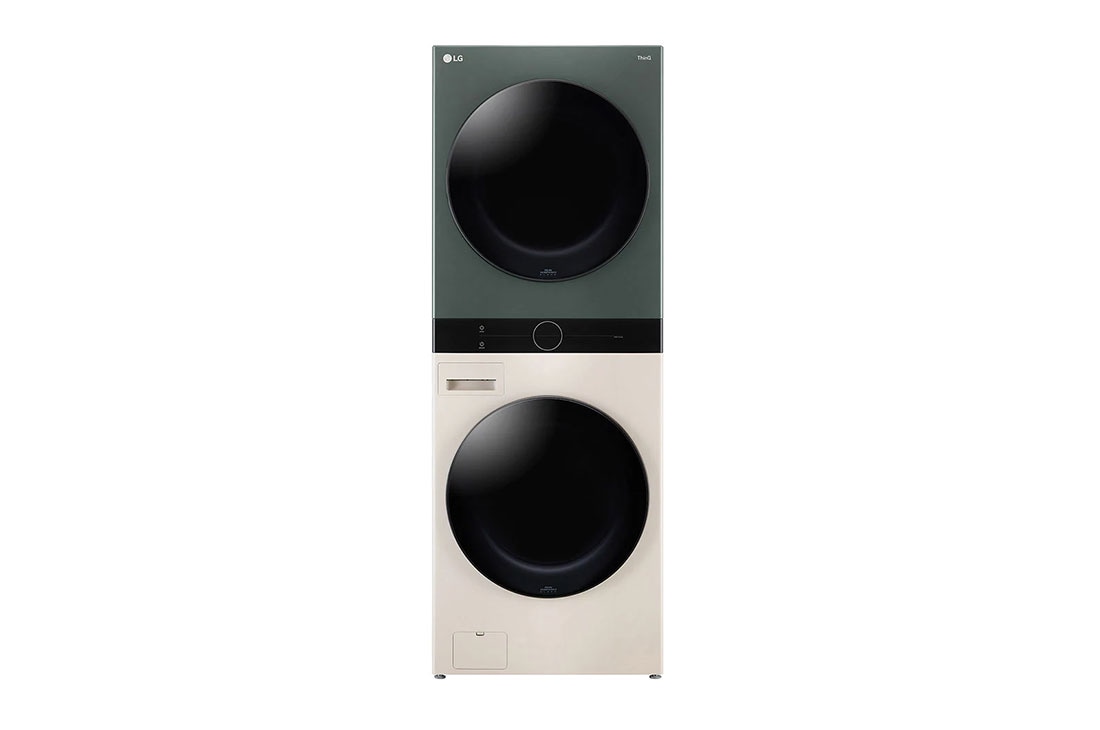 LG Objet WashTower™ All-In-One Washer Dryer, Front view (with some buttons on the center panel light on), WT1410NHEG