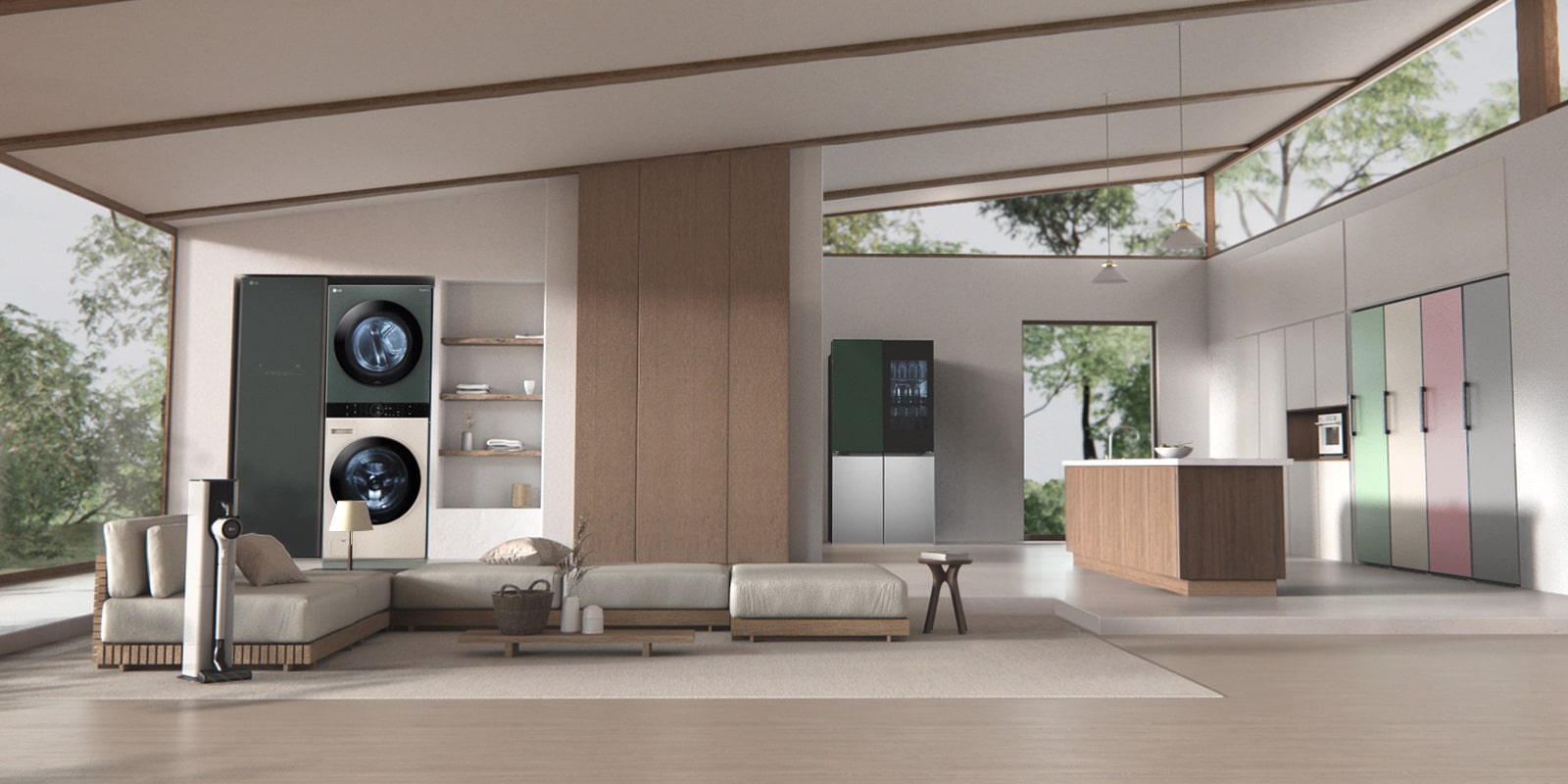 It shows the LG object collection products placed in the living room- styler, refrigerator, wash tower, etc. 