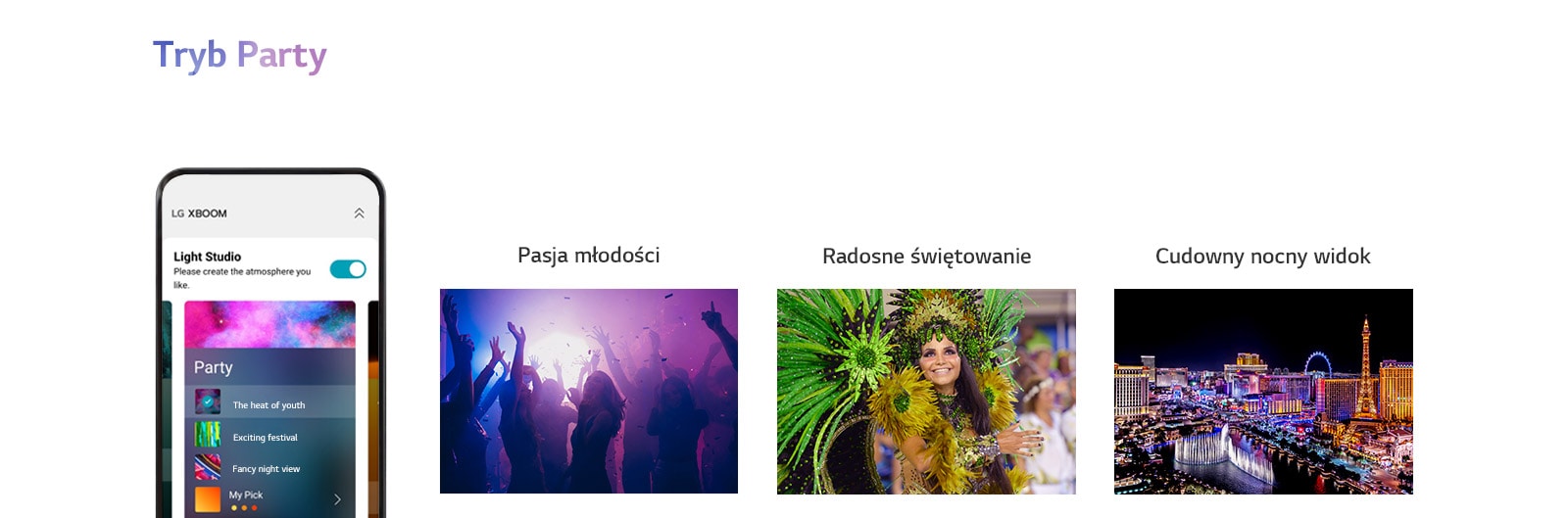 Zdjęcie telefonu komórkowego z widocznym ekranem aplikacji w trybie Party. Sylwetki ludzi tańczących w klubach. Zdjęcie kobiety w kolorowym imprezowym stroju. Nocny widok miasta z neonowymi kolorami.
