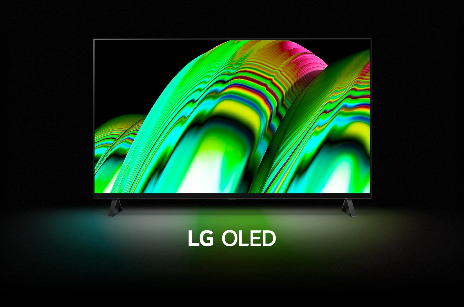Zielony abstrakcyjny wzór fali wypełnia ekran, po czym stopniowo oddala się, ukazując telewizor LG OLED A2. Ekran robi się czarny, następnie ponownie pojawia się na nim wzór fali z napisem „LG OLED” pod spodem.