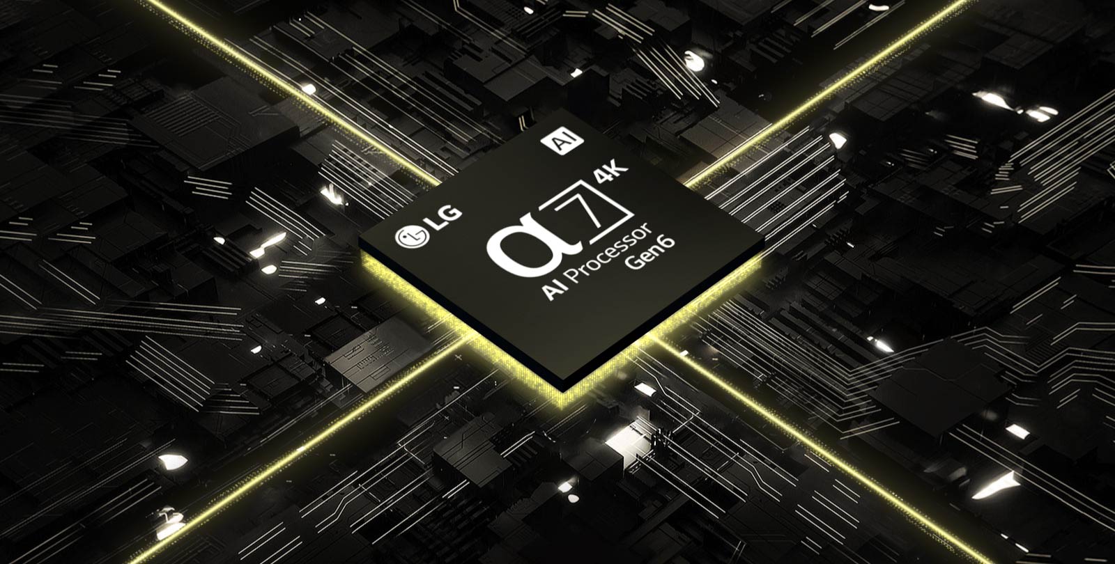Video α7 AI protsessor 4K Gen6 trükkplaadi taustal. Plaat valgustub ja kiibilt kiirgub kollane valgus, mis tähistab selle võimsust.