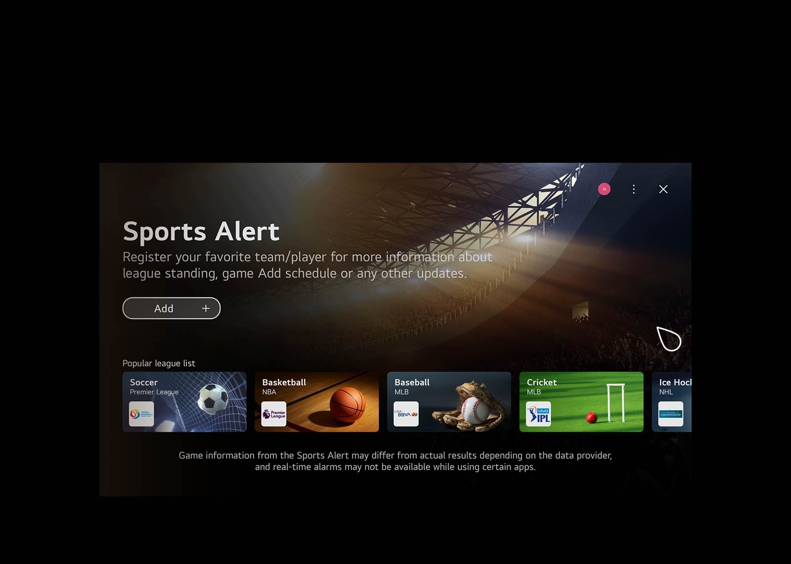 Wideo przedstawiające ekran główny systemu webOS Kursor klika na karcie szybkiego dostępu do gier, a następnie na karcie szybkiego dostępu do sportu, które prowadzą do treści odpowiedniego typu.
